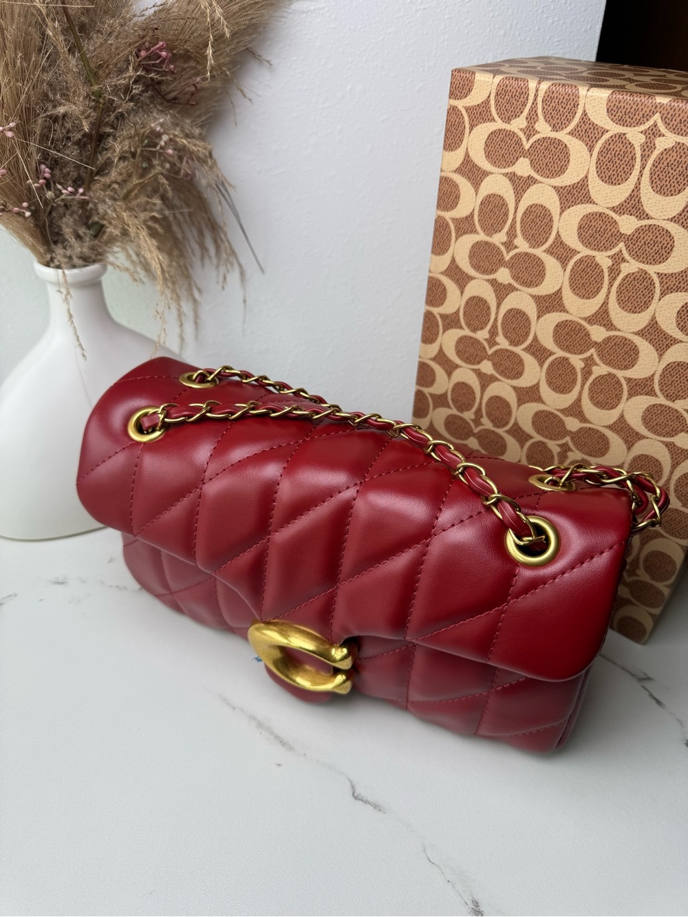 Coach Quilted Red Leather Shoulder Bag with Gold Chain - Picture 2 of 5